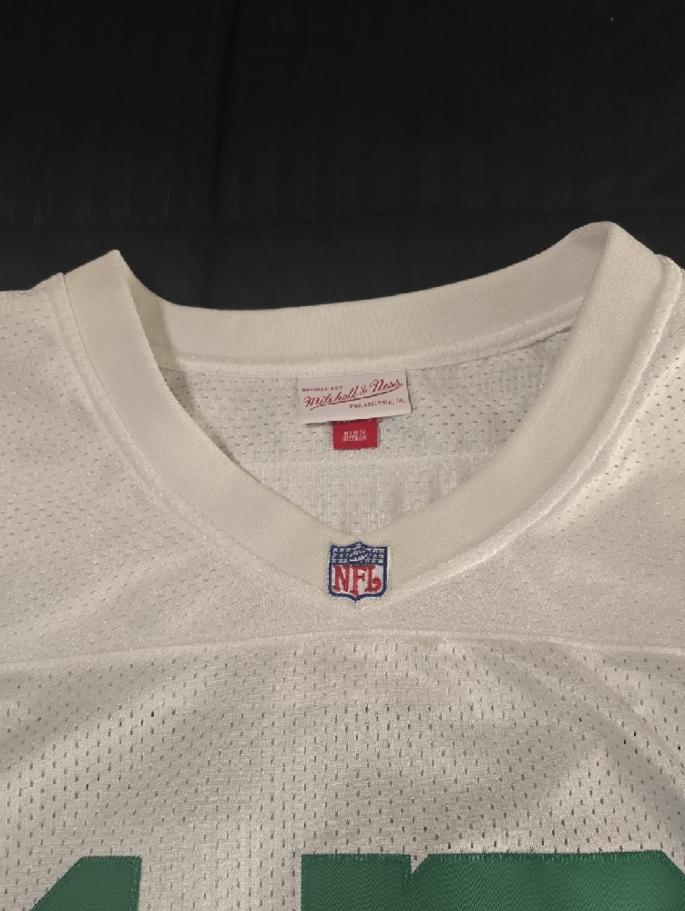 Mitchell & Ness White Mesh Jersey with Green 12 and NFL 75th Patch - Picture 3 of 5